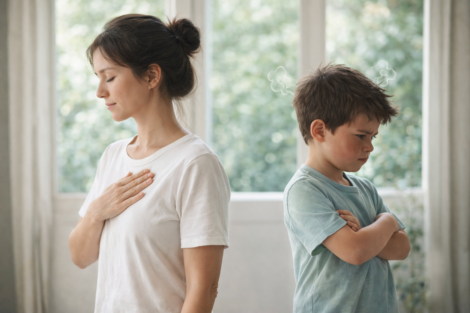 Madre e hijo gestionando conflictos y emociones en familia