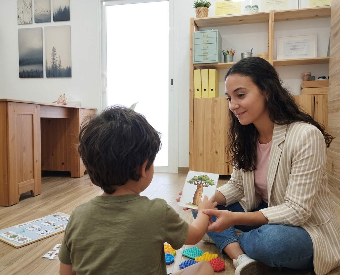 Marta trabajando en sesión psicológica infantil con un niño en El Baobab Psicología en Mollet del Vallès