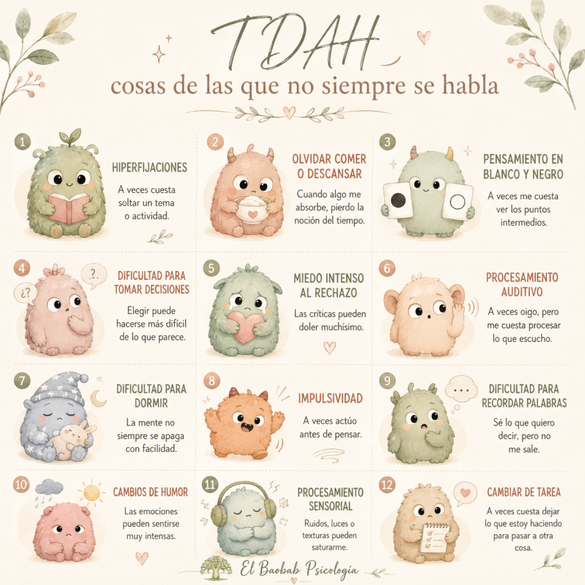 Estos son los monstruitos del TDAH, traen algunas dificultades y a veces nos cuesta convivir con ellos, pero vale la pena conocerlos para poder convivir.