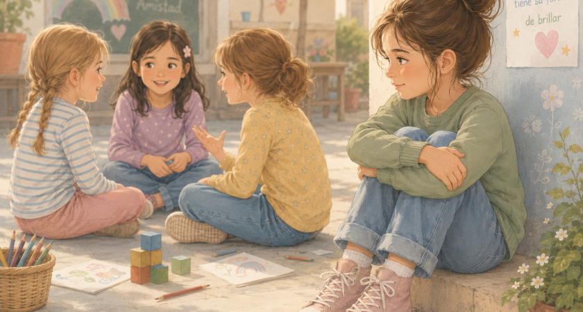En muchas niñas con autismo, las dificultades sociales pueden pasar desapercibidas porque aprenden a observar, imitar y adaptarse al grupo. Esta imagen representa el camuflaje social y el esfuerzo silencioso que muchas niñas realizan para encajar.