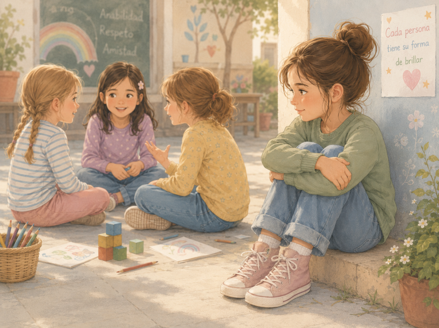En muchas niñas con autismo, las dificultades sociales pueden pasar desapercibidas porque aprenden a observar, imitar y adaptarse al grupo. Esta imagen representa el camuflaje social y el esfuerzo silencioso que muchas niñas realizan para encajar.